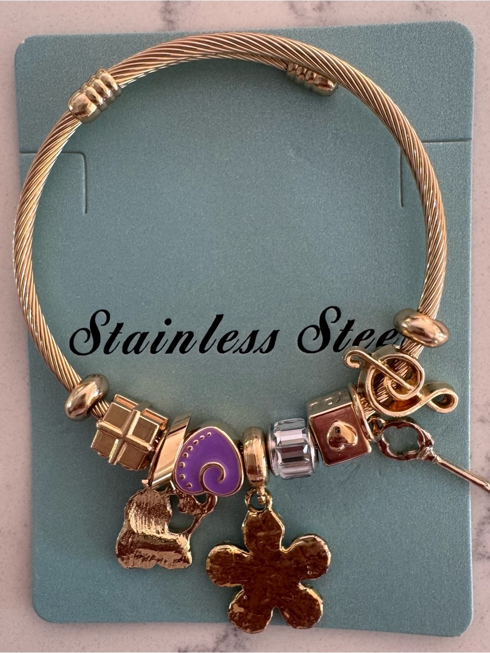 Gold Stainless Steel Cable Charm Bracelet Purple Elephant Key Flower NWOT - Picture 2 of 2